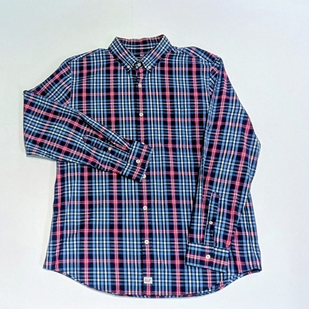 Vineyard Vines Men's Slim Fit Murray Dress Shirt, Size L, blue white pink plaid